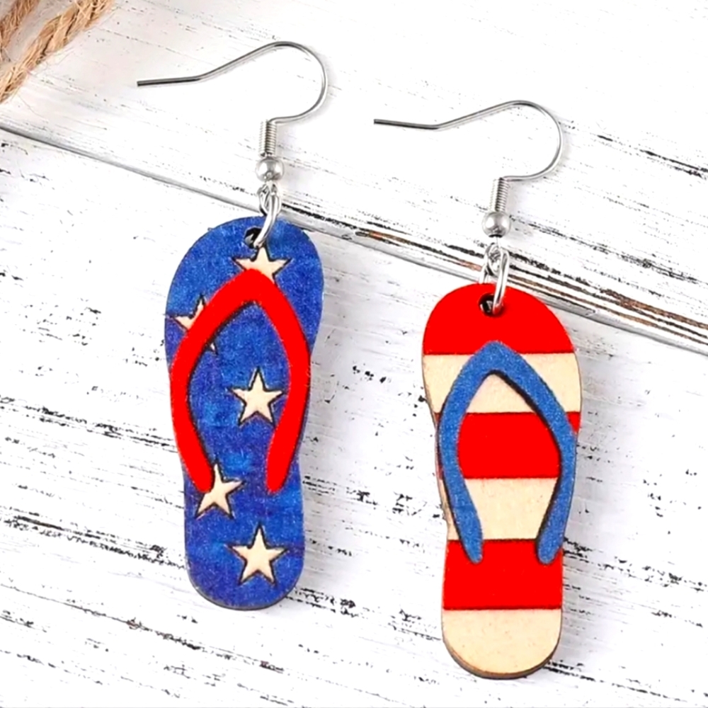 Patriotic Wood Flip Flop Earrings